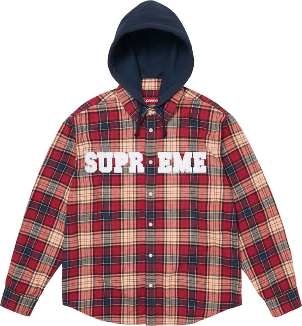 Appliqué Hooded Flannel Shirt - Red (front)