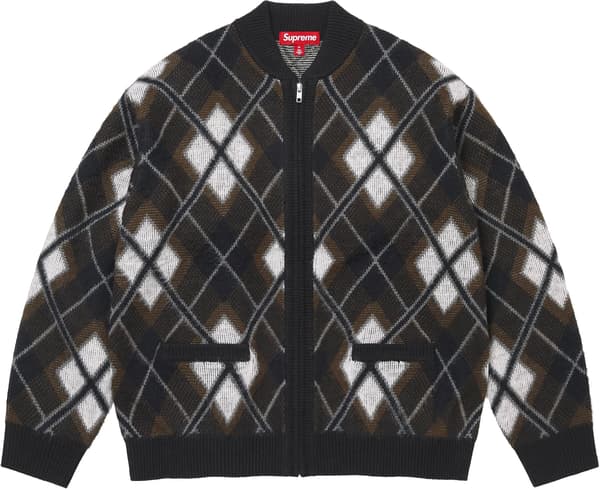 Brushed Argyle Zip Up Cardigan - Black (front)