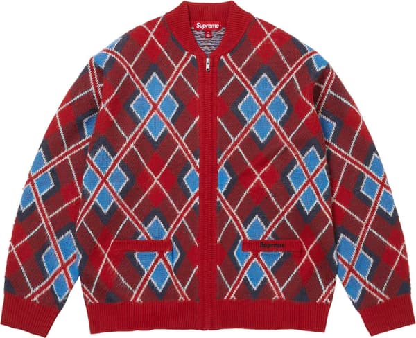Brushed Argyle Zip Up Cardigan - Red (front)