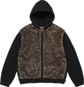 Checkerboard Faux Fur Zip Up Hooded Sweater Black