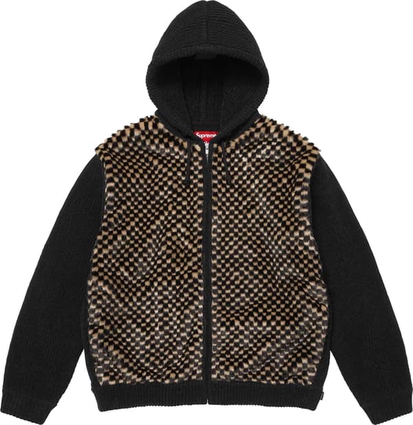 Checkerboard Faux Fur Zip Up Hooded Sweater - Black (front)