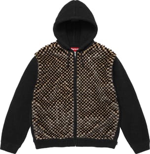 Checkerboard Faux Fur Zip Up Hooded Sweater Black