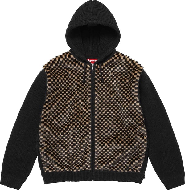 Checkerboard Faux Fur Zip Up Hooded Sweater - Black (front)
