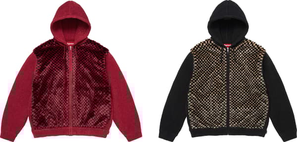 Checkerboard Faux Fur Zip Up Hooded Sweater - Group Shot