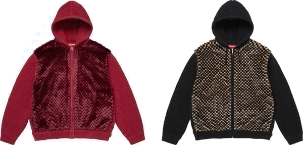 Checkerboard Faux Fur Zip Up Hooded Sweater - Group Shot