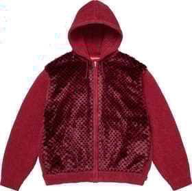 Checkerboard Faux Fur Zip Up Hooded Sweater Red