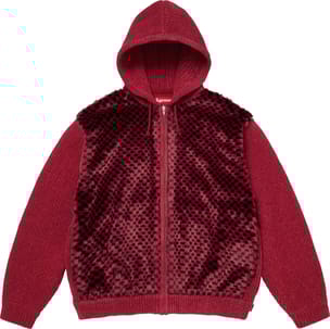 Checkerboard Faux Fur Zip Up Hooded Sweater Red
