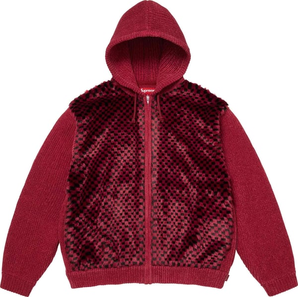 Checkerboard Faux Fur Zip Up Hooded Sweater - Red (front)