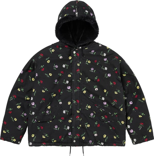 Fur Lined Hooded Field Jacket - Floral (front)