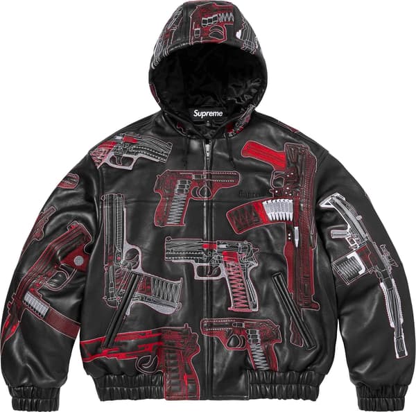 Guns Embroidered Hooded Leather Jacket - Black (front)