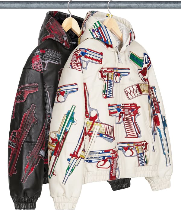 Guns Embroidered Hooded Leather Jacket - Group Shot