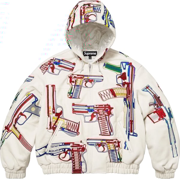 Guns Embroidered Hooded Leather Jacket - White (front)