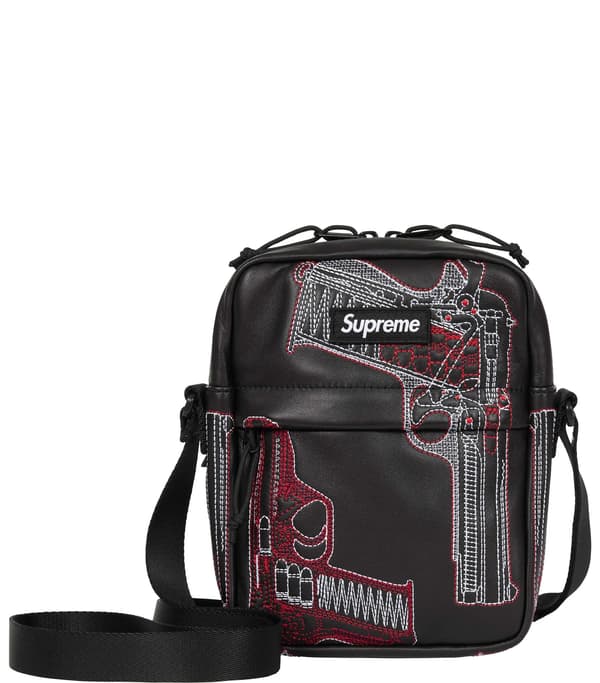 Guns Embroidered Leather Shoulder Bag - Black (front)