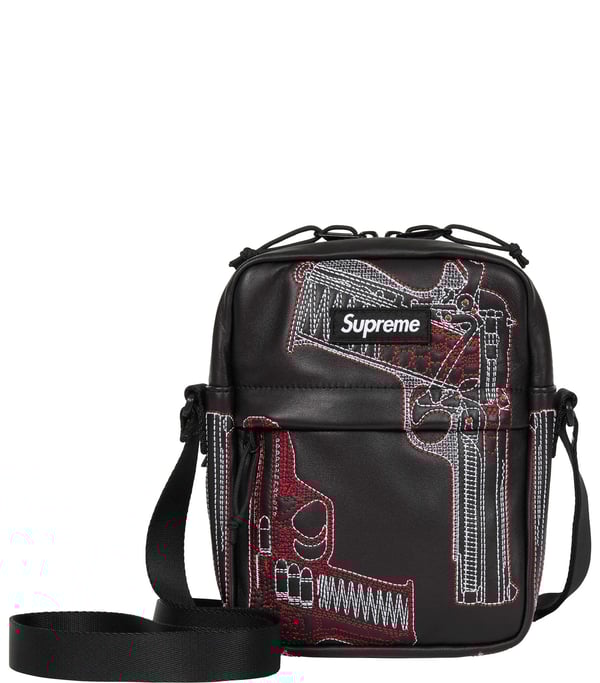 Guns Embroidered Leather Shoulder Bag - Black (front)