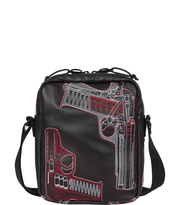 Guns Embroidered Leather Shoulder Bag - Black (detail)