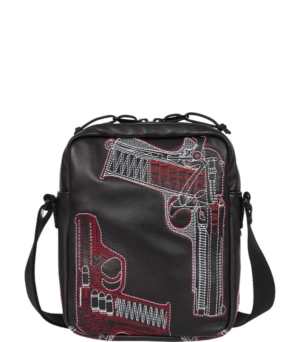 Guns Embroidered Leather Shoulder Bag - Black (detail)