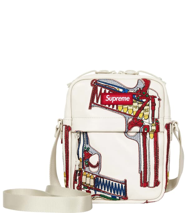 Guns Embroidered Leather Shoulder Bag - White (front)