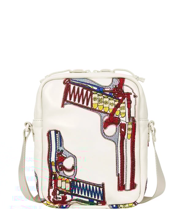 Guns Embroidered Leather Shoulder Bag - White (detail)