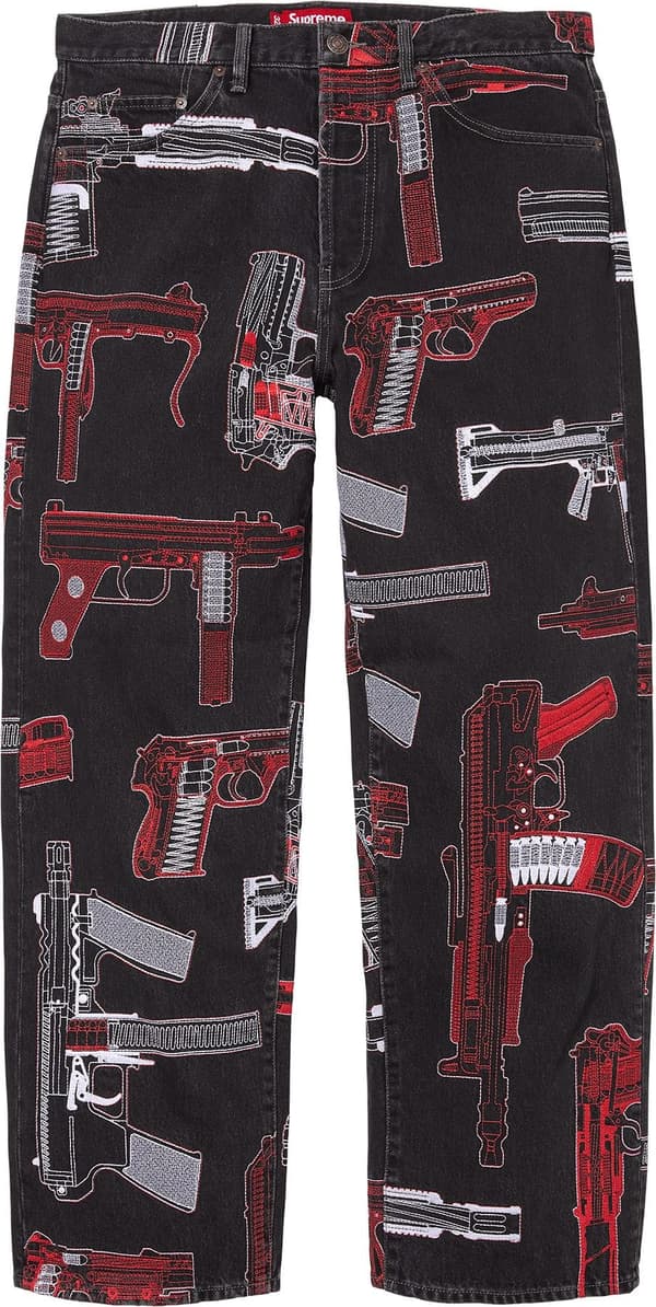 Guns Embroidered Loose Fit Jean - Washed Black (front)