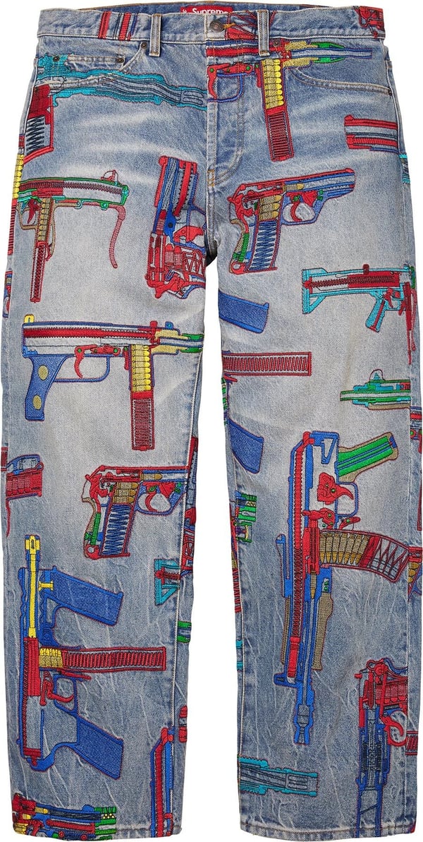 Guns Embroidered Loose Fit Jean - Washed Indigo (front)