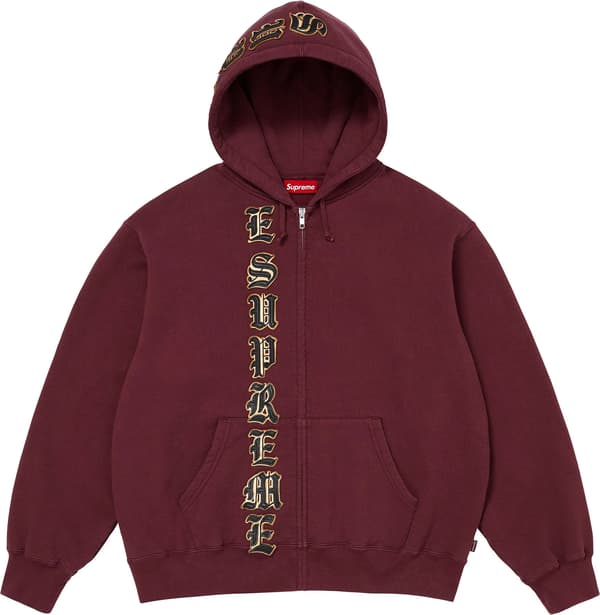 Leather Appliqué Zip Up Hooded Sweatshirt - Burgundy (front)