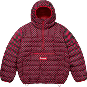 Micro Down Half Zip Hooded Pullover Red Checkerboard
