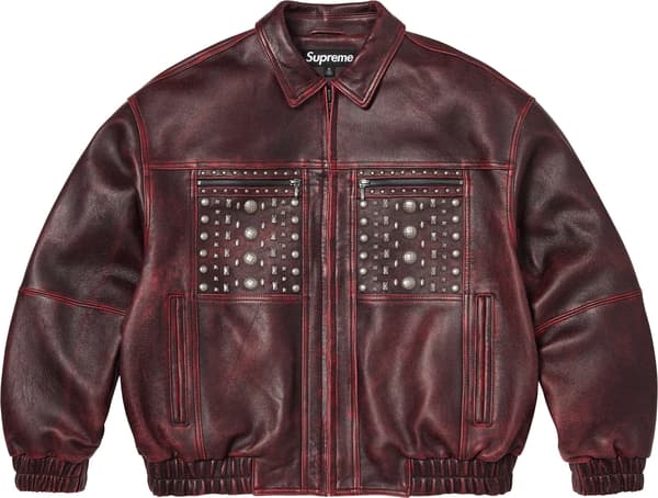 Multi Studded Leather Jacket  - Burgundy (front)