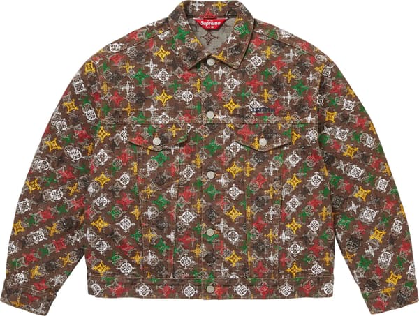 Overprint Jacquard Denim Trucker Jacket - Brown (front)