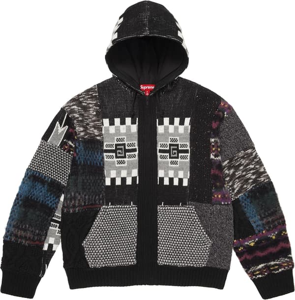Patchwork Zip Up Hooded Sweater - Black (front)