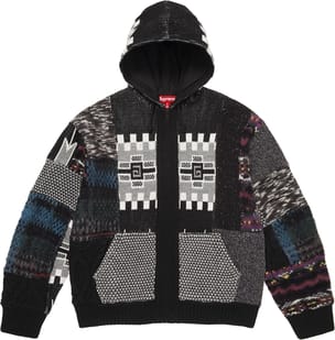 Patchwork Zip Up Hooded Sweater Black