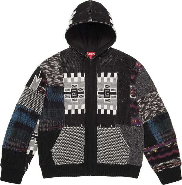 Patchwork Zip Up Hooded Sweater - Black (front)