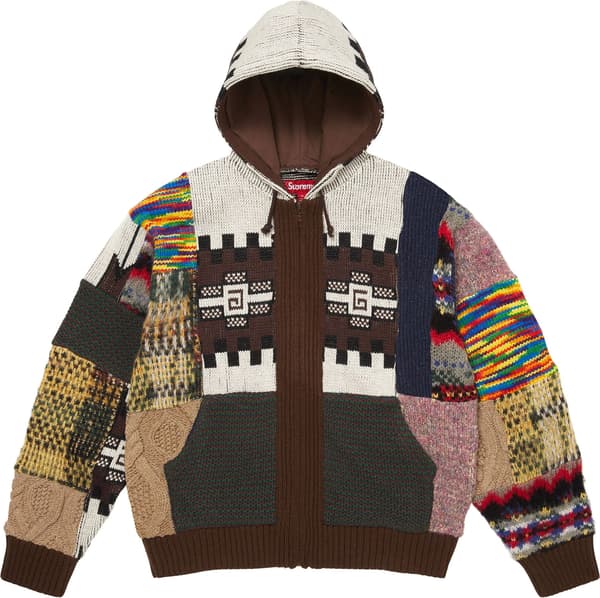 Patchwork Zip Up Hooded Sweater - Brown (front)