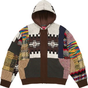 Patchwork Zip Up Hooded Sweater Brown