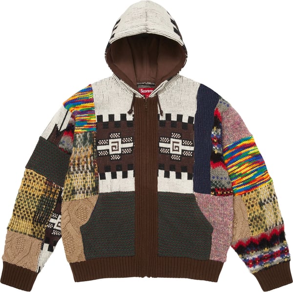Patchwork Zip Up Hooded Sweater - Brown (front)