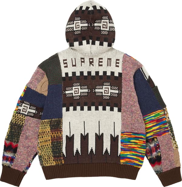 Patchwork Zip Up Hooded Sweater - Brown (detail)