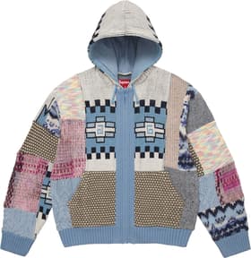 Patchwork Zip Up Hooded Sweater Light Blue
