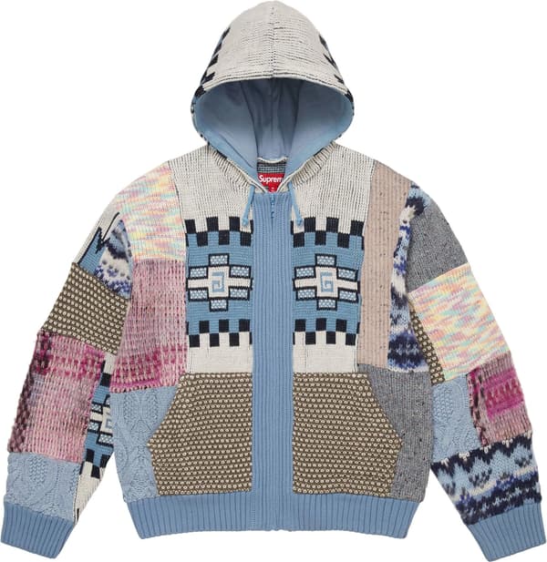 Patchwork Zip Up Hooded Sweater - Light Blue (front)