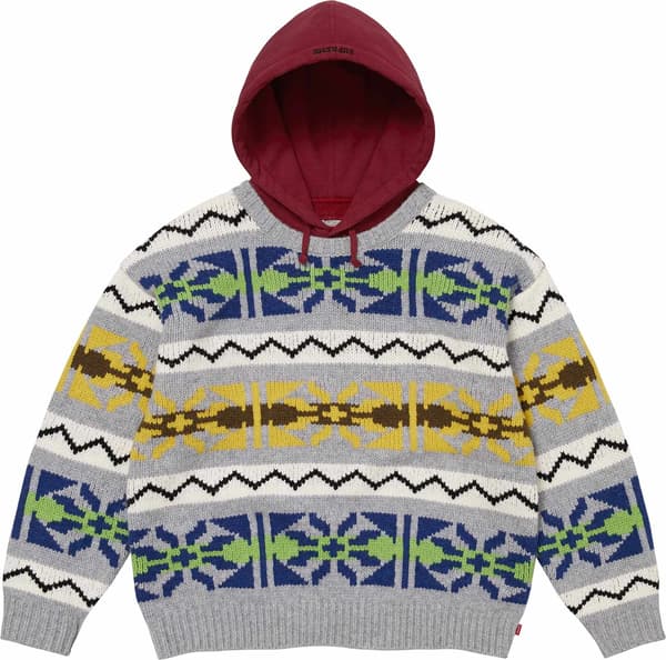 Pattern Knit Hooded Sweater - Grey (front)