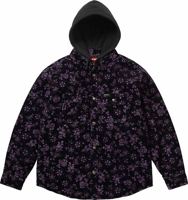 Quilted Lined Hooded Velvet Snap Shirt - Floral (front)