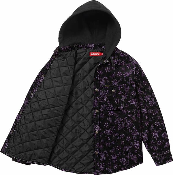 Quilted Lined Hooded Velvet Snap Shirt - Floral (detail)