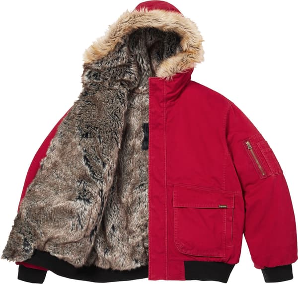 Reversible Faux Fur Hooded Work Jacket - Red (detail)