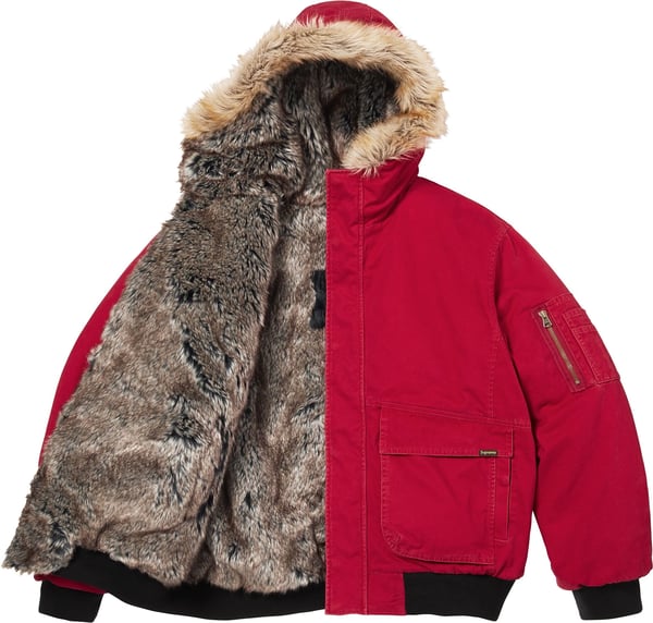 Reversible Faux Fur Hooded Work Jacket - Red (detail)