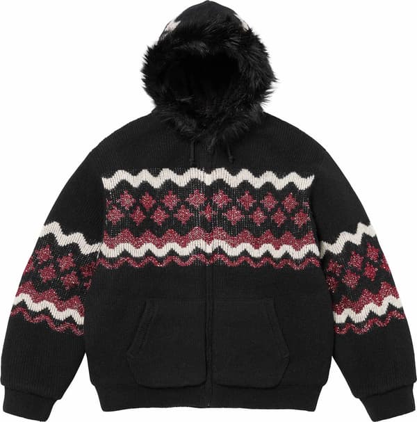 Sequin Lined Hooded Zip Up Sweater - Black (front)