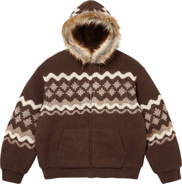 Sequin Lined Hooded Zip Up Sweater - Brown (front)