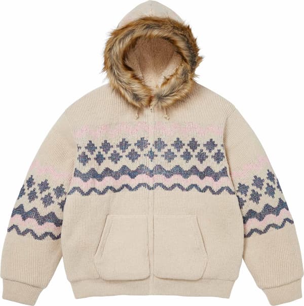 Sequin Lined Hooded Zip Up Sweater - Cream (front)