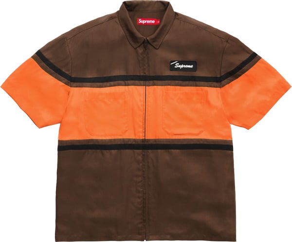 Silk Zip Up S/S Shirt - Brown (front)