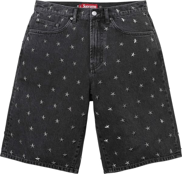 Stars Studded Baggy Denim Short - Black (front)