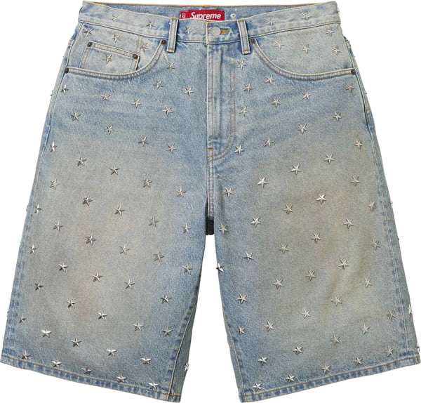 Stars Studded Baggy Denim Short - Washed Indigo (front)