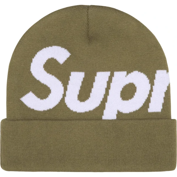 Supreme Big Logo Beanie - Light Olive (front)