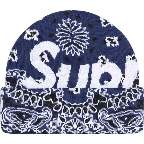 Supreme Big Logo Beanie - Navy Bandana (front)